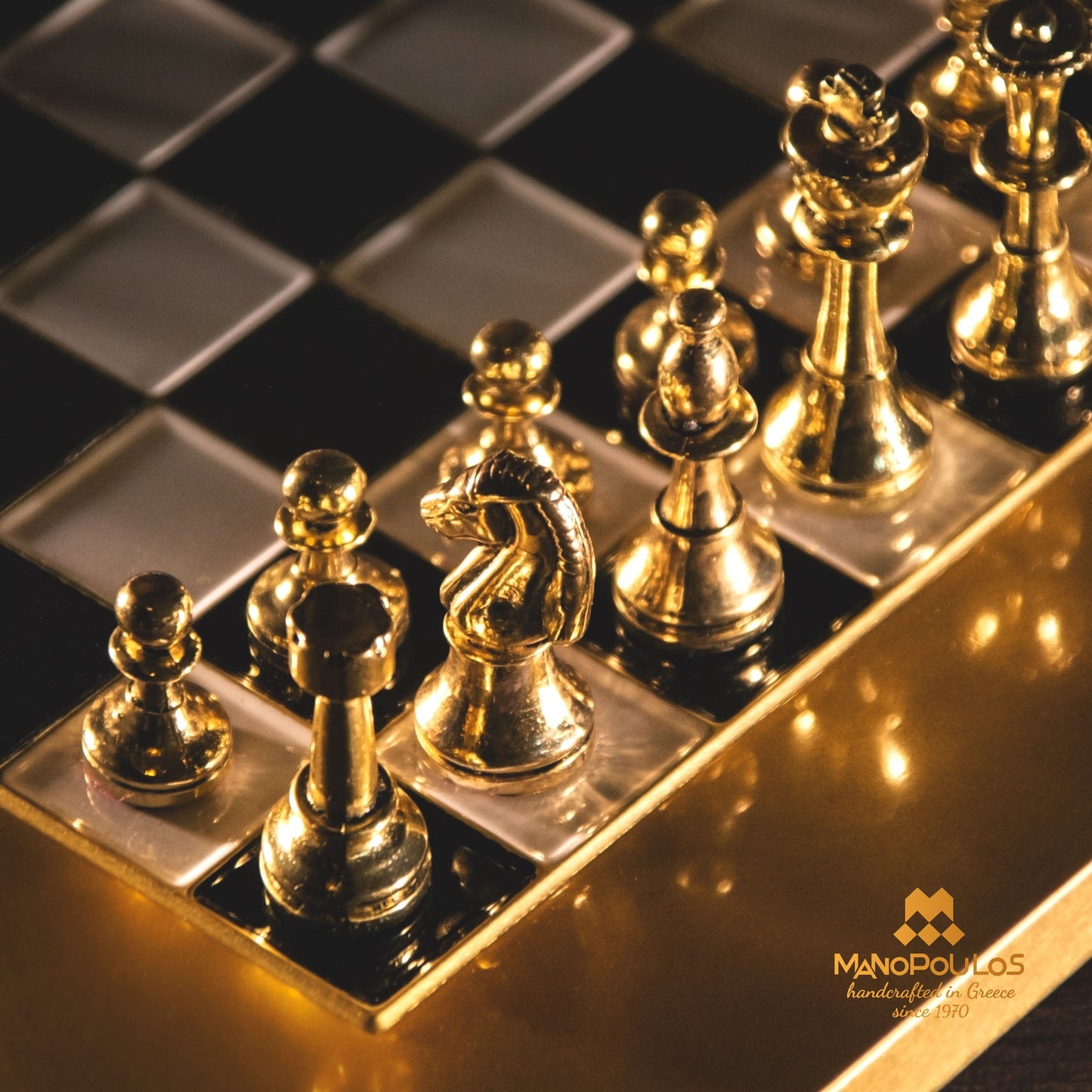 CLASSIC METAL STAUNTON CHESS SET with gold/silver chessmen and bronze chessboard 28 x 28cm (Small) - Premium Chess from MANOPOULOS Chess & Backgammon - Just €168! Shop now at MANOPOULOS Chess & Backgammon