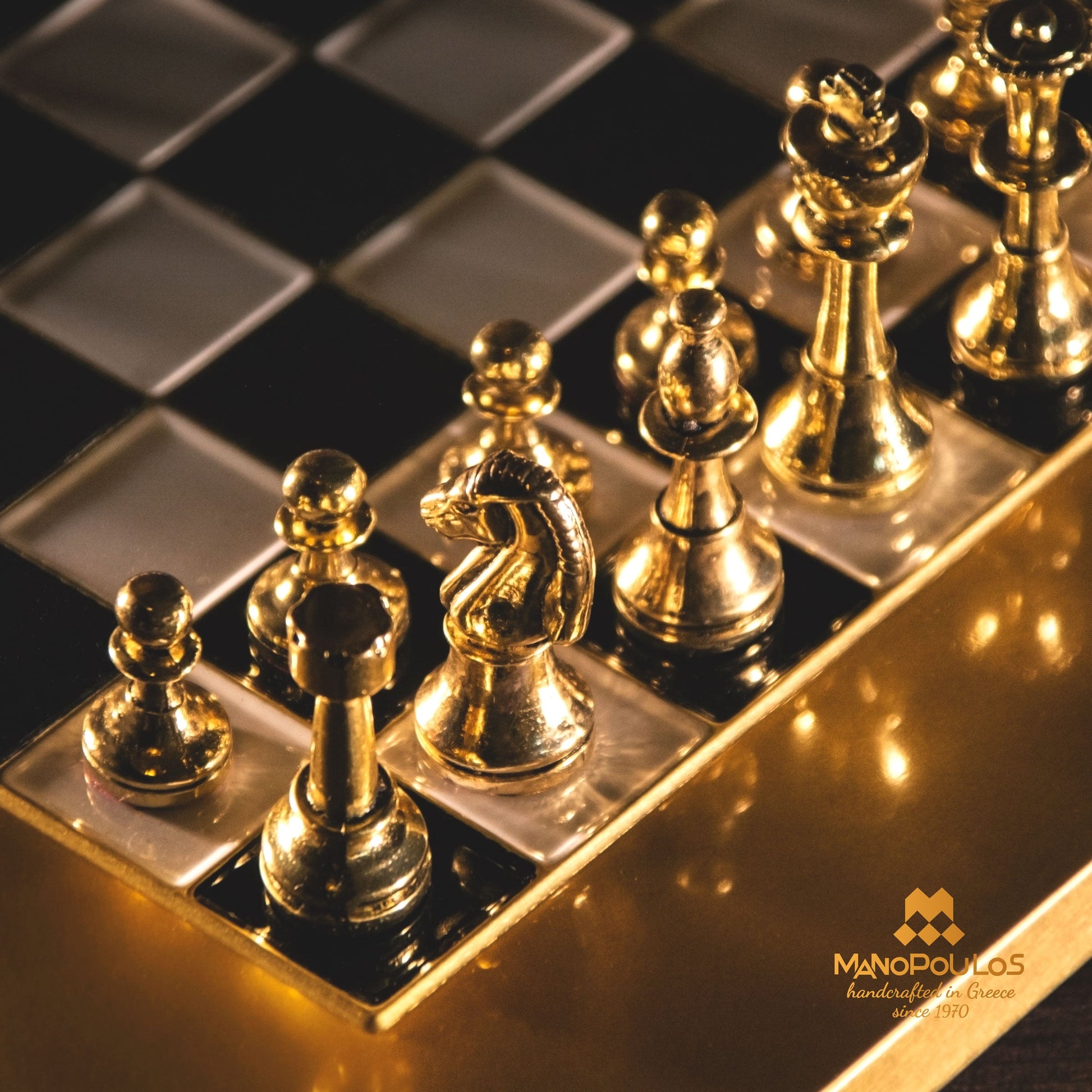 CLASSIC METAL STAUNTON CHESS SET with gold/silver chessmen and bronze chessboard 28 x 28cm (Small) - Premium Chess from MANOPOULOS Chess & Backgammon - Just €168! Shop now at MANOPOULOS Chess & Backgammon