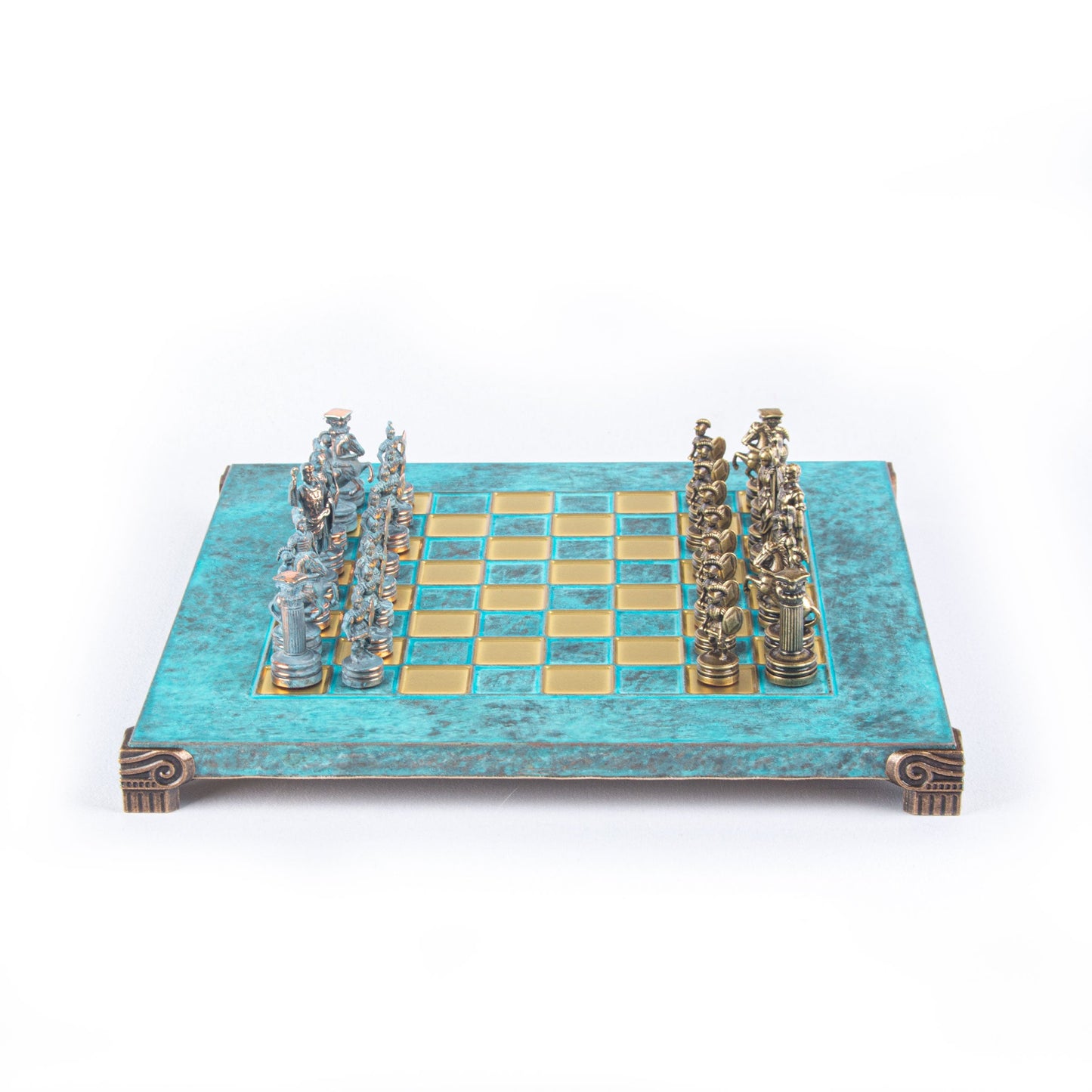 GREEK ROMAN PERIOD CHESS SET with blue/brown chessmen and bronze chessboard 28 x 28cm (Small) - Premium Chess from MANOPOULOS Chess & Backgammon - Just €163! Shop now at MANOPOULOS Chess & Backgammon