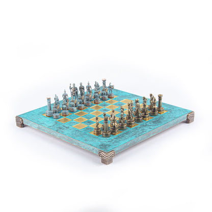 GREEK ROMAN PERIOD CHESS SET with blue/brown chessmen and bronze chessboard 28 x 28cm (Small) - Premium Chess from MANOPOULOS Chess & Backgammon - Just €163! Shop now at MANOPOULOS Chess & Backgammon