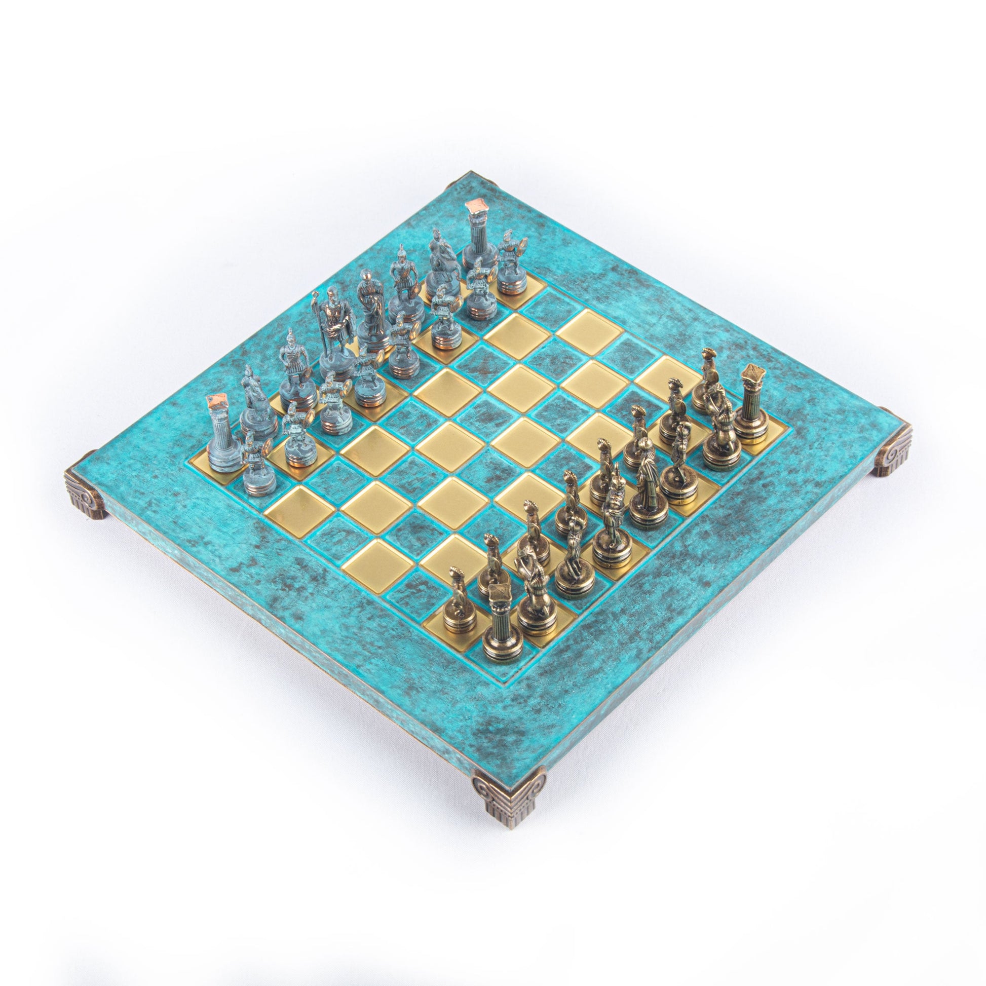 GREEK ROMAN PERIOD CHESS SET with blue/brown chessmen and bronze chessboard 28 x 28cm (Small) - Premium Chess from MANOPOULOS Chess & Backgammon - Just €163! Shop now at MANOPOULOS Chess & Backgammon