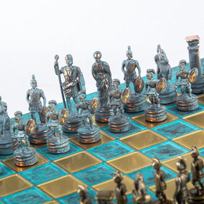 GREEK ROMAN PERIOD CHESS SET with blue/brown chessmen and bronze chessboard 28 x 28cm (Small) - Premium Chess from MANOPOULOS Chess & Backgammon - Just €163! Shop now at MANOPOULOS Chess & Backgammon