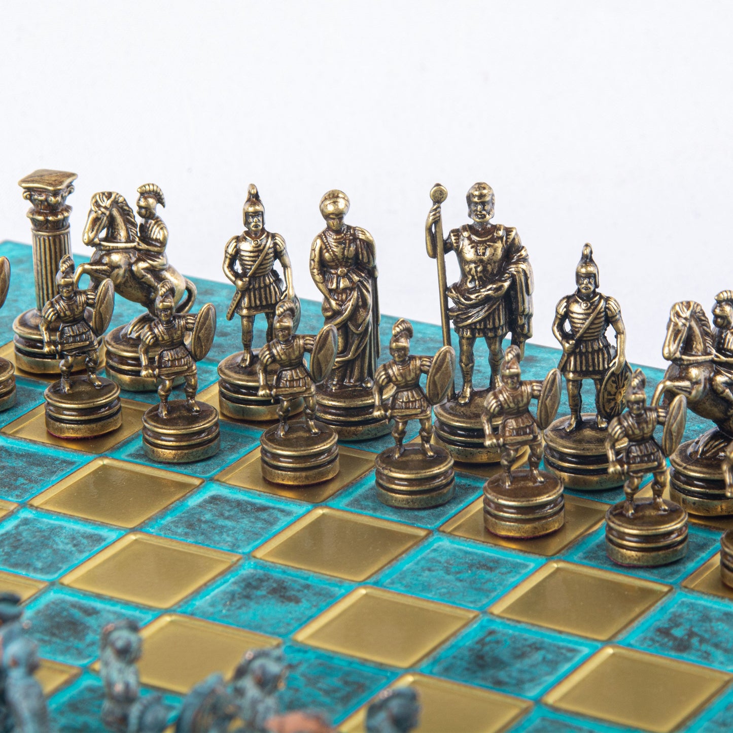 GREEK ROMAN PERIOD CHESS SET with blue/brown chessmen and bronze chessboard 28 x 28cm (Small) - Premium Chess from MANOPOULOS Chess & Backgammon - Just €163! Shop now at MANOPOULOS Chess & Backgammon