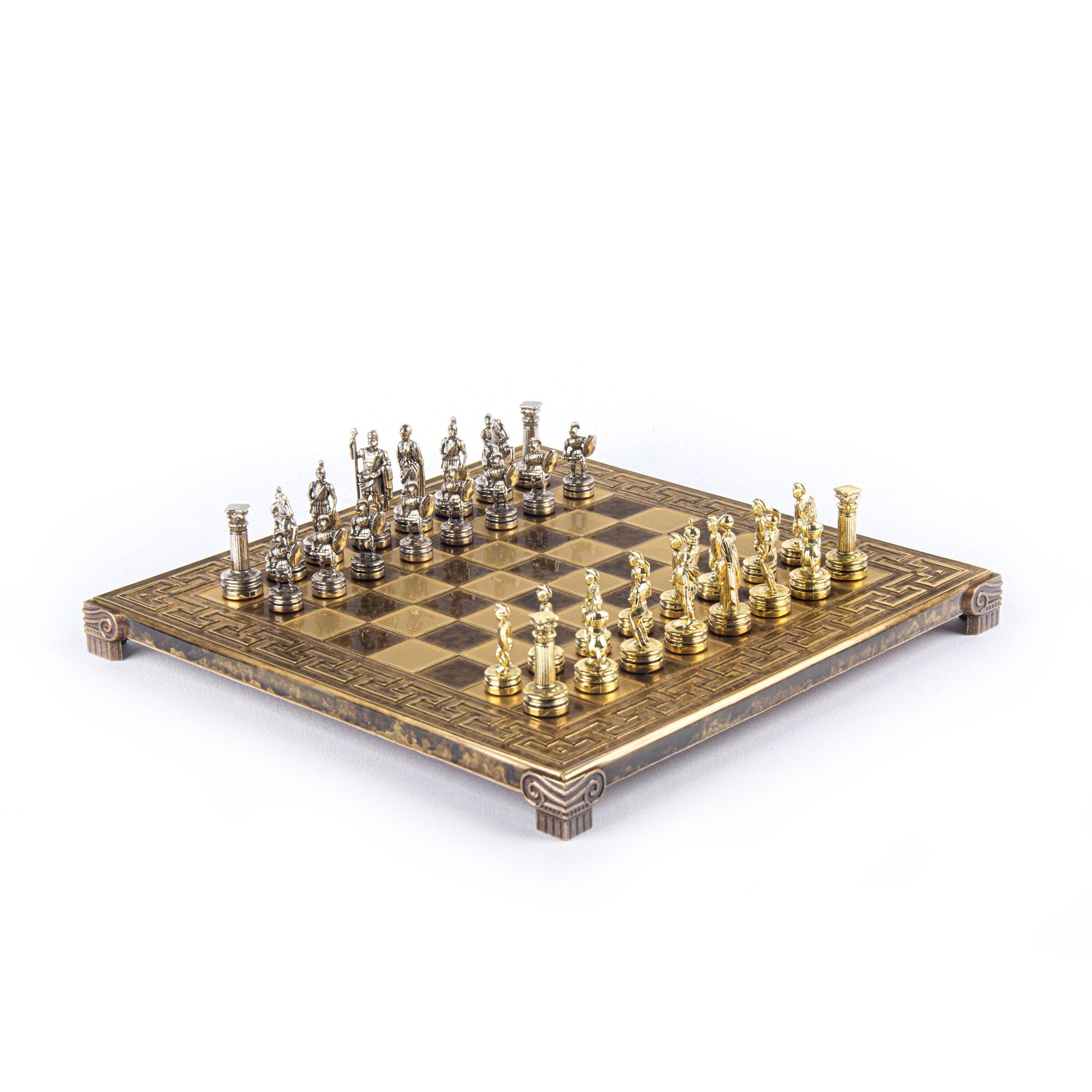 GREEK ROMAN PERIOD CHESS SET with gold/silver chessmen and meander bronze chessboard 28 x 28cm (Small) - Premium Chess from MANOPOULOS Chess & Backgammon - Just €138! Shop now at MANOPOULOS Chess & Backgammon