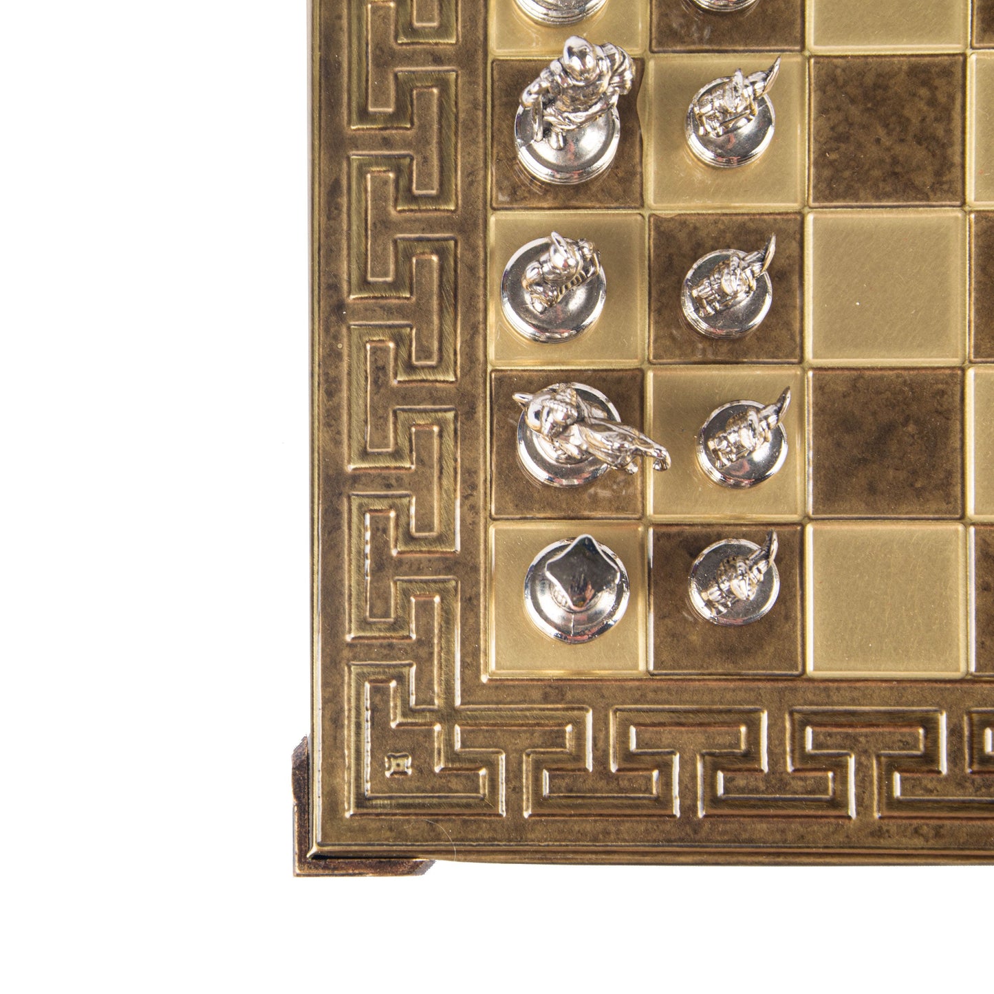 GREEK ROMAN PERIOD CHESS SET with gold/silver chessmen and meander bronze chessboard 28 x 28cm (Small) - Premium Chess from MANOPOULOS Chess & Backgammon - Just €138! Shop now at MANOPOULOS Chess & Backgammon