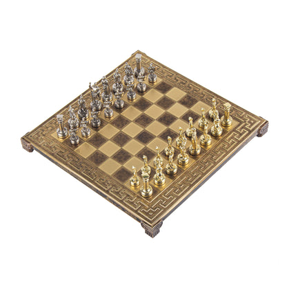 GREEK ROMAN PERIOD CHESS SET with gold/silver chessmen and meander bronze chessboard 28 x 28cm (Small) - Premium Chess from MANOPOULOS Chess & Backgammon - Just €138! Shop now at MANOPOULOS Chess & Backgammon