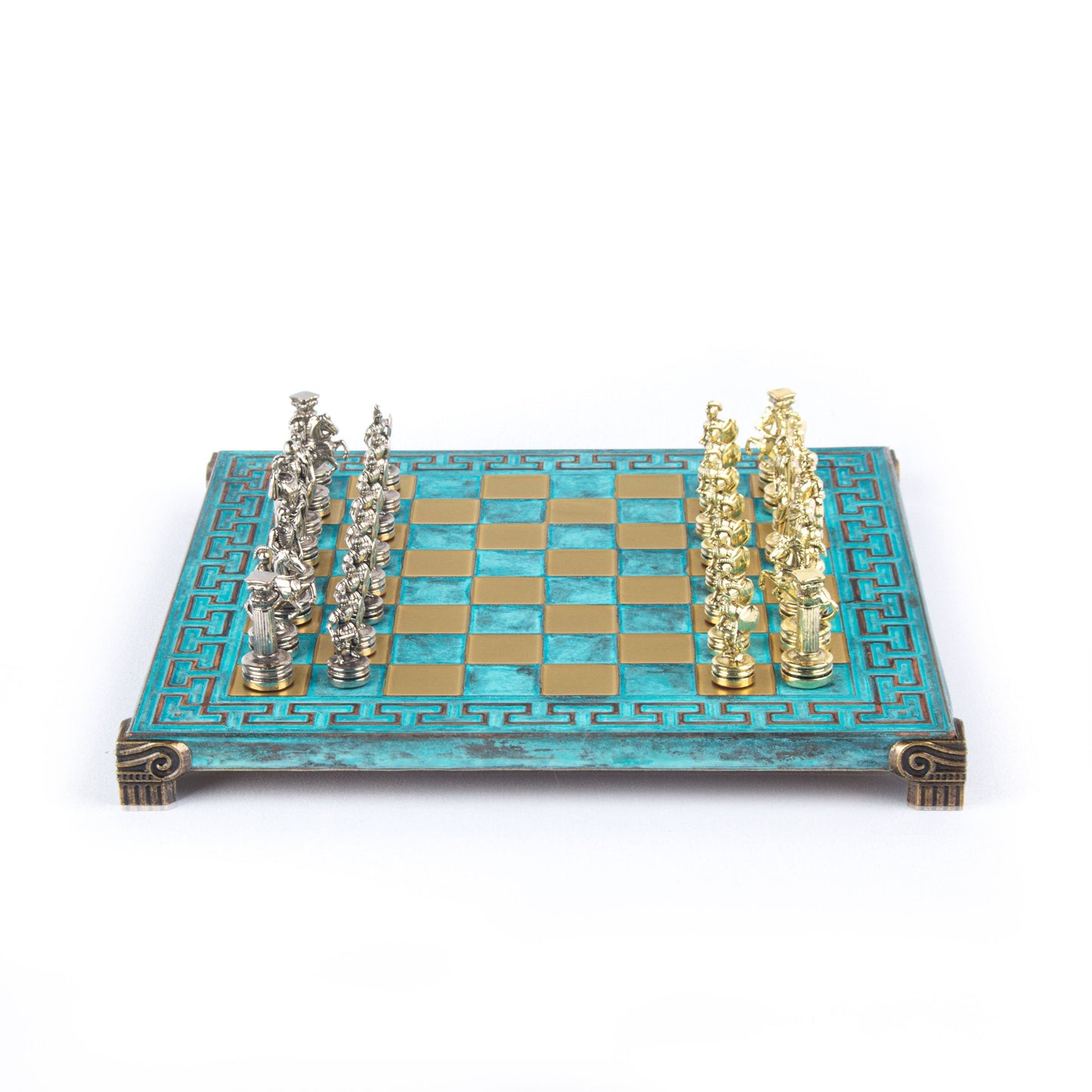 GREEK ROMAN PERIOD CHESS SET with gold/silver chessmen and meander bronze chessboard 28 x 28cm (Small) - Premium Chess from MANOPOULOS Chess & Backgammon - Just €138! Shop now at MANOPOULOS Chess & Backgammon