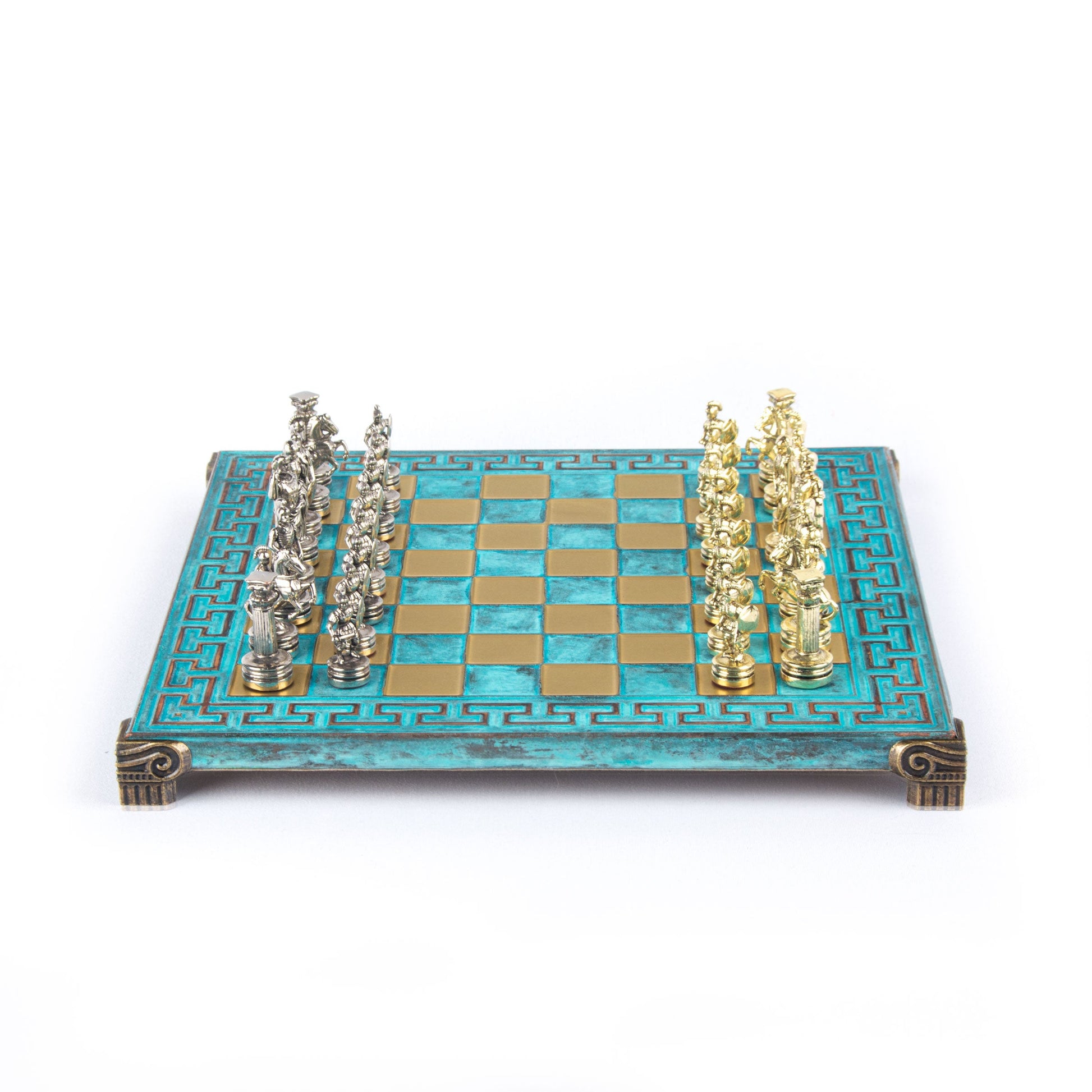 GREEK ROMAN PERIOD CHESS SET with gold/silver chessmen and meander bronze chessboard 28 x 28cm (Small) - Premium Chess from MANOPOULOS Chess & Backgammon - Just €138! Shop now at MANOPOULOS Chess & Backgammon