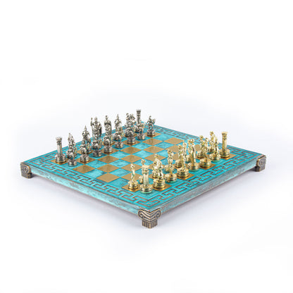 GREEK ROMAN PERIOD CHESS SET with gold/silver chessmen and meander bronze chessboard 28 x 28cm (Small) - Premium Chess from MANOPOULOS Chess & Backgammon - Just €138! Shop now at MANOPOULOS Chess & Backgammon