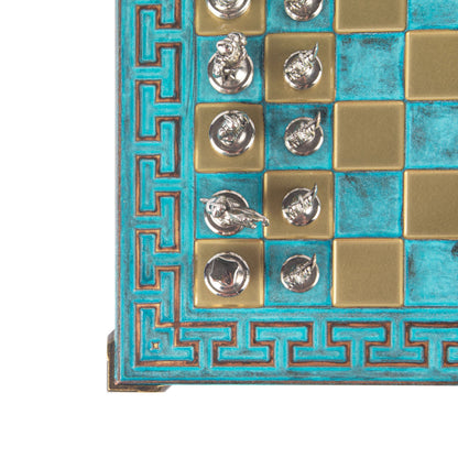 GREEK ROMAN PERIOD CHESS SET with gold/silver chessmen and meander bronze chessboard 28 x 28cm (Small) - Premium Chess from MANOPOULOS Chess & Backgammon - Just €138! Shop now at MANOPOULOS Chess & Backgammon