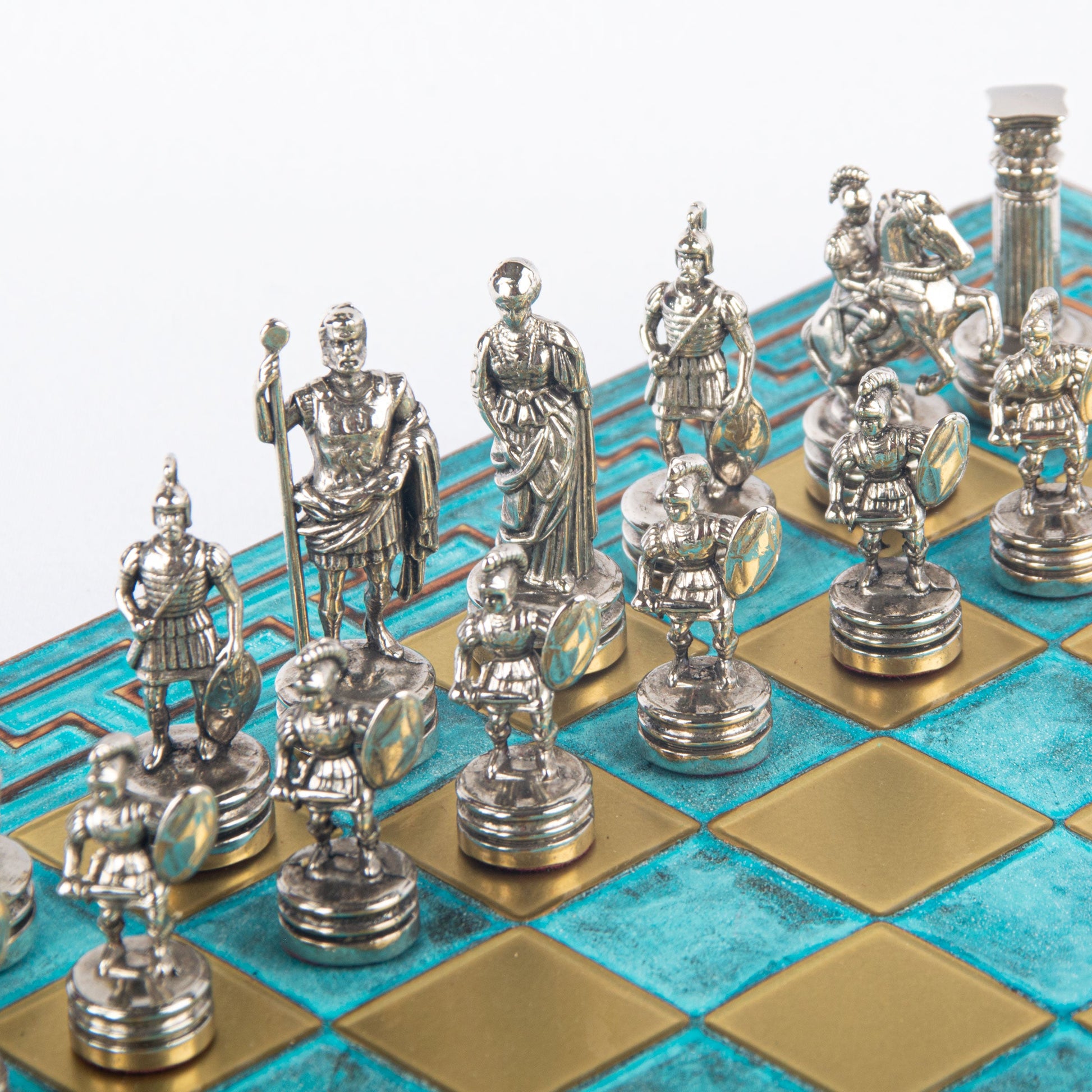 GREEK ROMAN PERIOD CHESS SET with gold/silver chessmen and meander bronze chessboard 28 x 28cm (Small) - Premium Chess from MANOPOULOS Chess & Backgammon - Just €138! Shop now at MANOPOULOS Chess & Backgammon