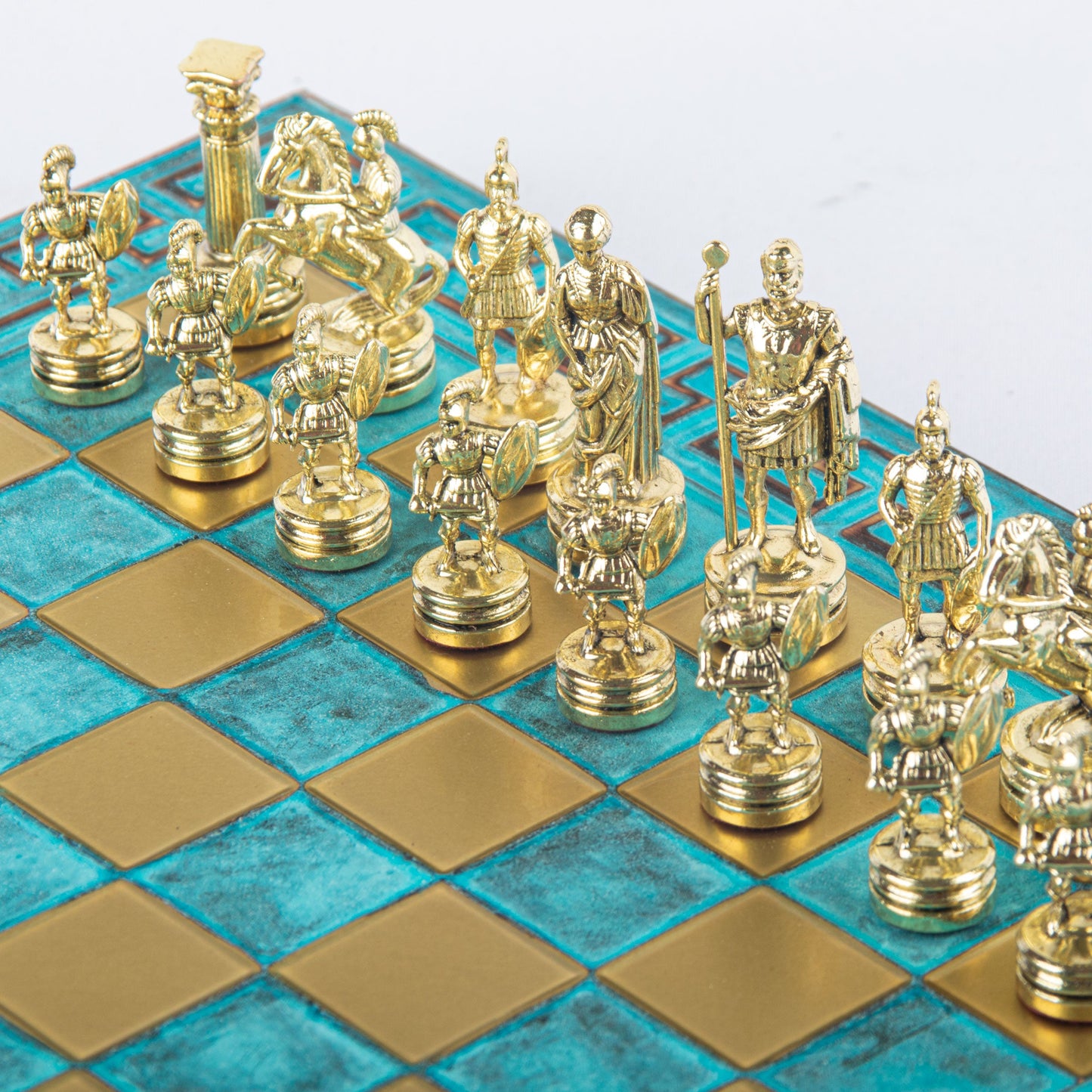GREEK ROMAN PERIOD CHESS SET with gold/silver chessmen and meander bronze chessboard 28 x 28cm (Small) - Premium Chess from MANOPOULOS Chess & Backgammon - Just €138! Shop now at MANOPOULOS Chess & Backgammon