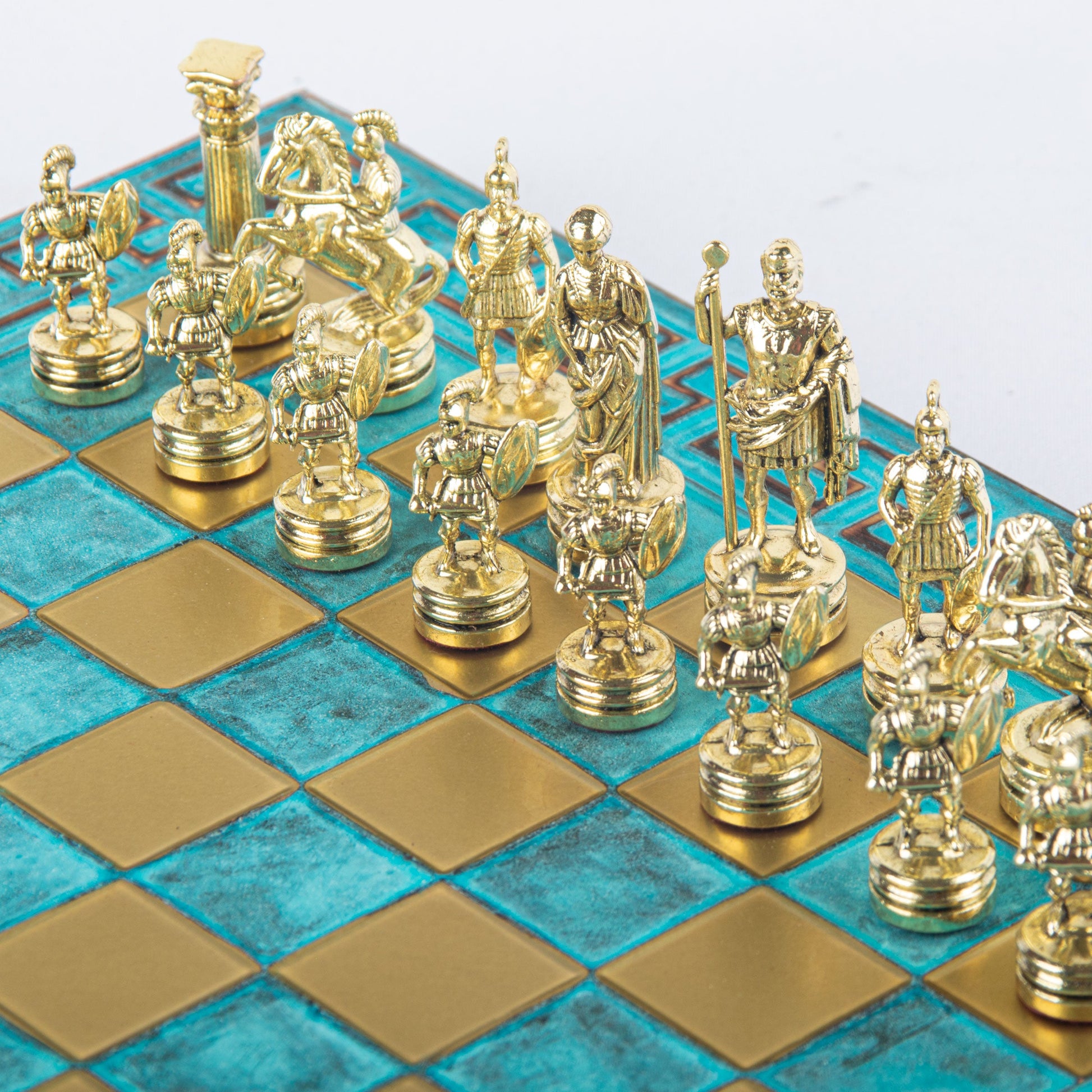 GREEK ROMAN PERIOD CHESS SET with gold/silver chessmen and meander bronze chessboard 28 x 28cm (Small) - Premium Chess from MANOPOULOS Chess & Backgammon - Just €138! Shop now at MANOPOULOS Chess & Backgammon