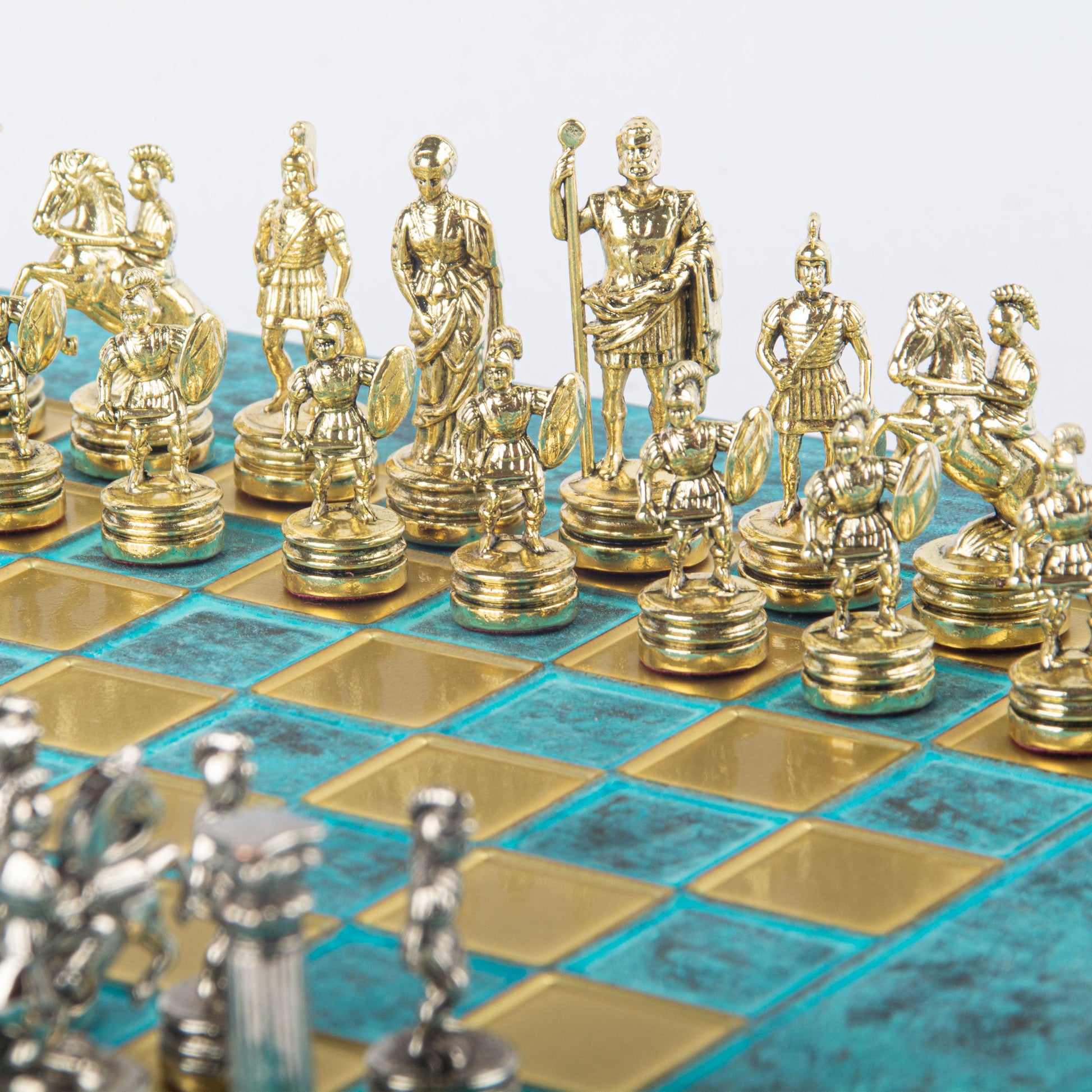 GREEK ROMAN PERIOD CHESS SET with gold/silver chessmen and bronze chessboard 28 x 28cm (Small) - Premium Chess from MANOPOULOS Chess & Backgammon - Just €163! Shop now at MANOPOULOS Chess & Backgammon