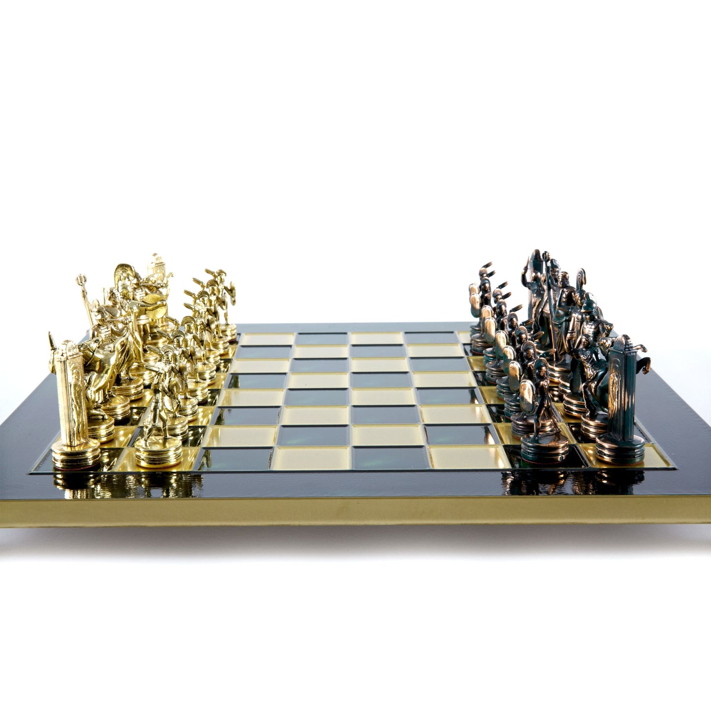 GREEK MYTHOLOGY CHESS SET with green/gold chessmen and bronze chessboard 36 x 36cm (Medium) - Premium Chess from MANOPOULOS Chess & Backgammon - Just €210! Shop now at MANOPOULOS Chess & Backgammon