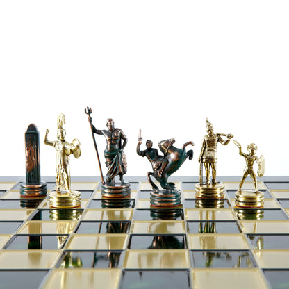 GREEK MYTHOLOGY CHESS SET with green/gold chessmen and bronze chessboard 36 x 36cm (Medium) - Premium Chess from MANOPOULOS Chess & Backgammon - Just €210! Shop now at MANOPOULOS Chess & Backgammon