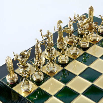 GREEK MYTHOLOGY CHESS SET with green/gold chessmen and bronze chessboard 36 x 36cm (Medium) - Premium Chess from MANOPOULOS Chess & Backgammon - Just €210! Shop now at MANOPOULOS Chess & Backgammon