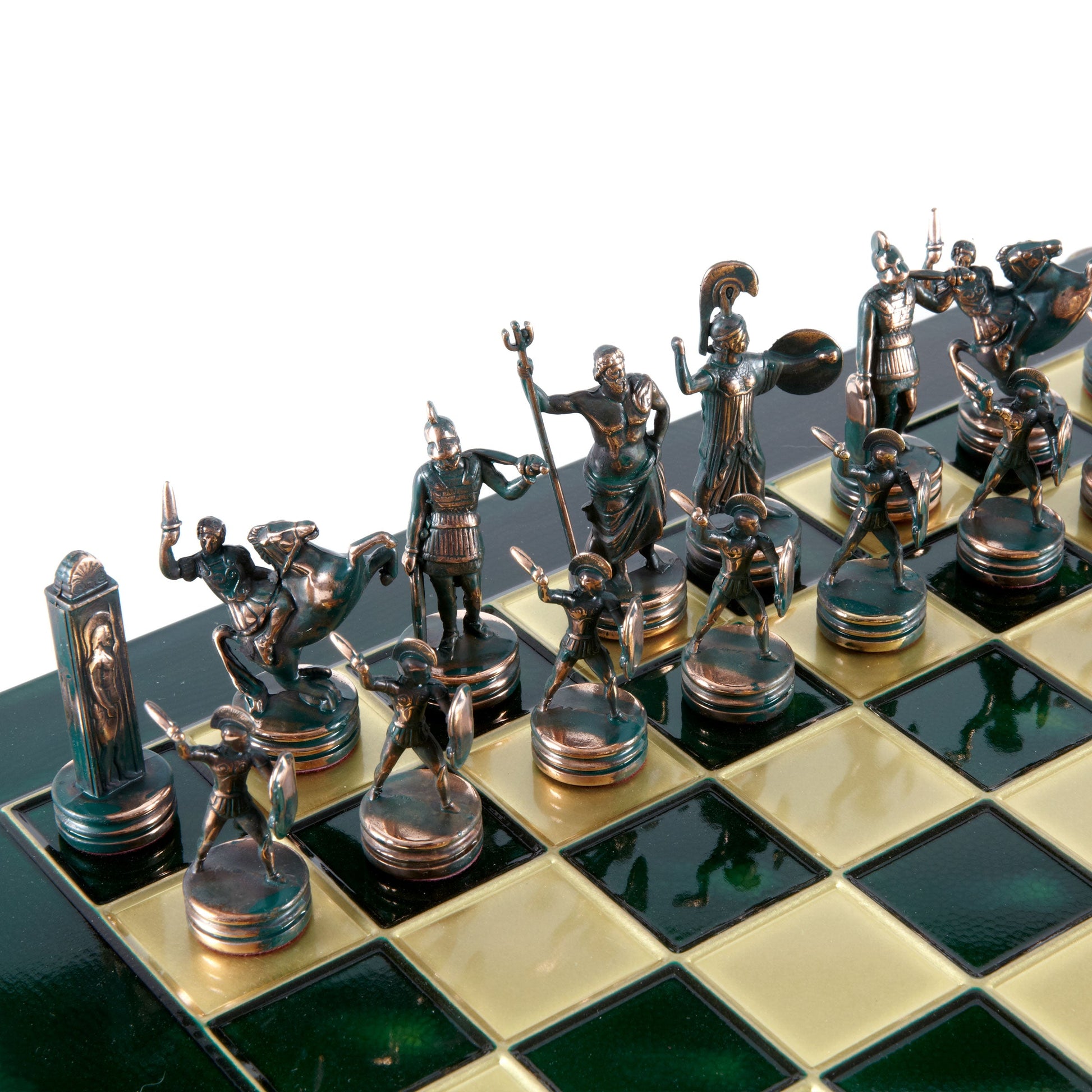 GREEK MYTHOLOGY CHESS SET with green/gold chessmen and bronze chessboard 36 x 36cm (Medium) - Premium Chess from MANOPOULOS Chess & Backgammon - Just €210! Shop now at MANOPOULOS Chess & Backgammon