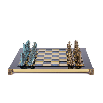 GREEK MYTHOLOGY CHESS SET with blue/brown chessmen and bronze chessboard 36 x 36cm (Medium) - Premium Chess from MANOPOULOS Chess & Backgammon - Just €210! Shop now at MANOPOULOS Chess & Backgammon