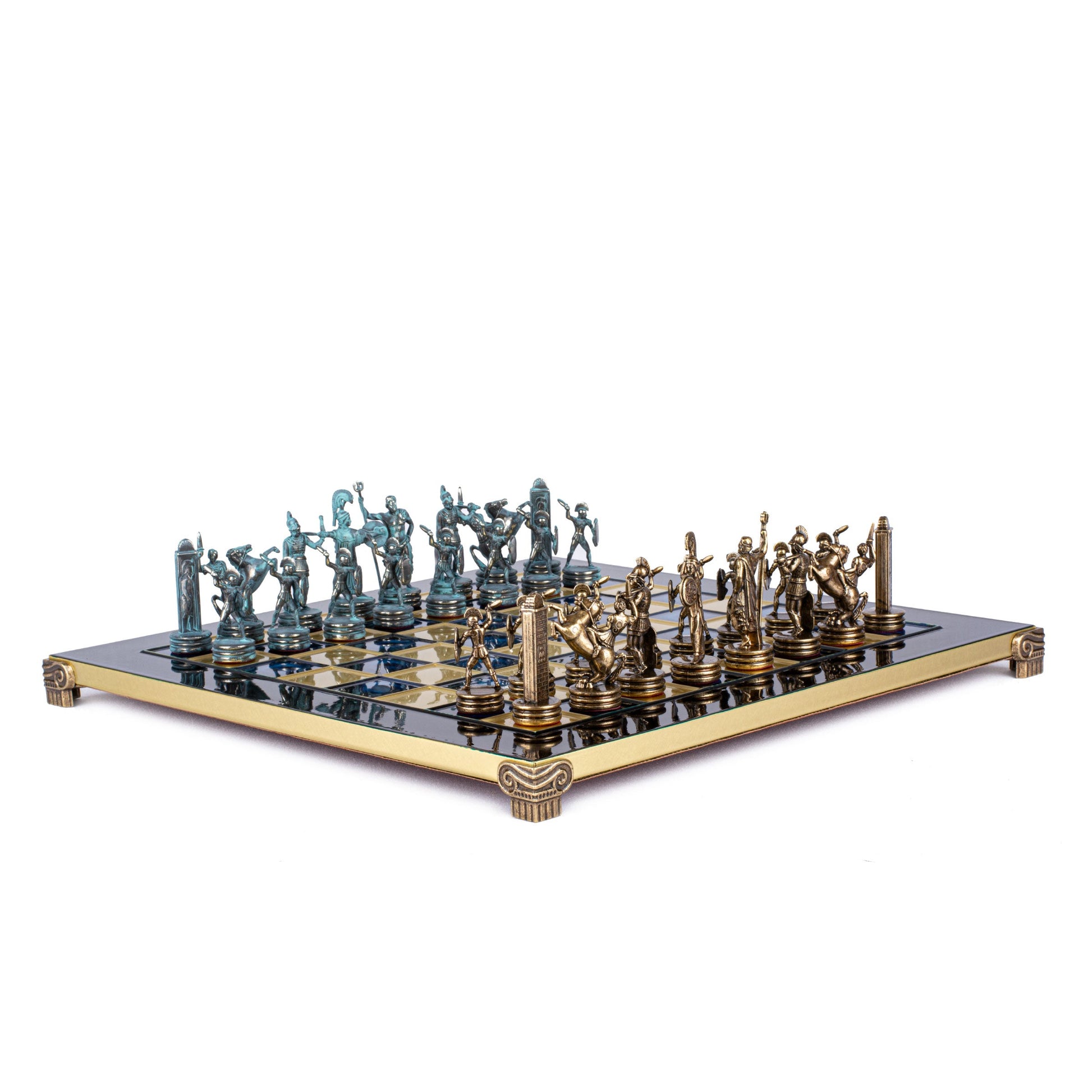 GREEK MYTHOLOGY CHESS SET with blue/brown chessmen and bronze chessboard 36 x 36cm (Medium) - Premium Chess from MANOPOULOS Chess & Backgammon - Just €210! Shop now at MANOPOULOS Chess & Backgammon