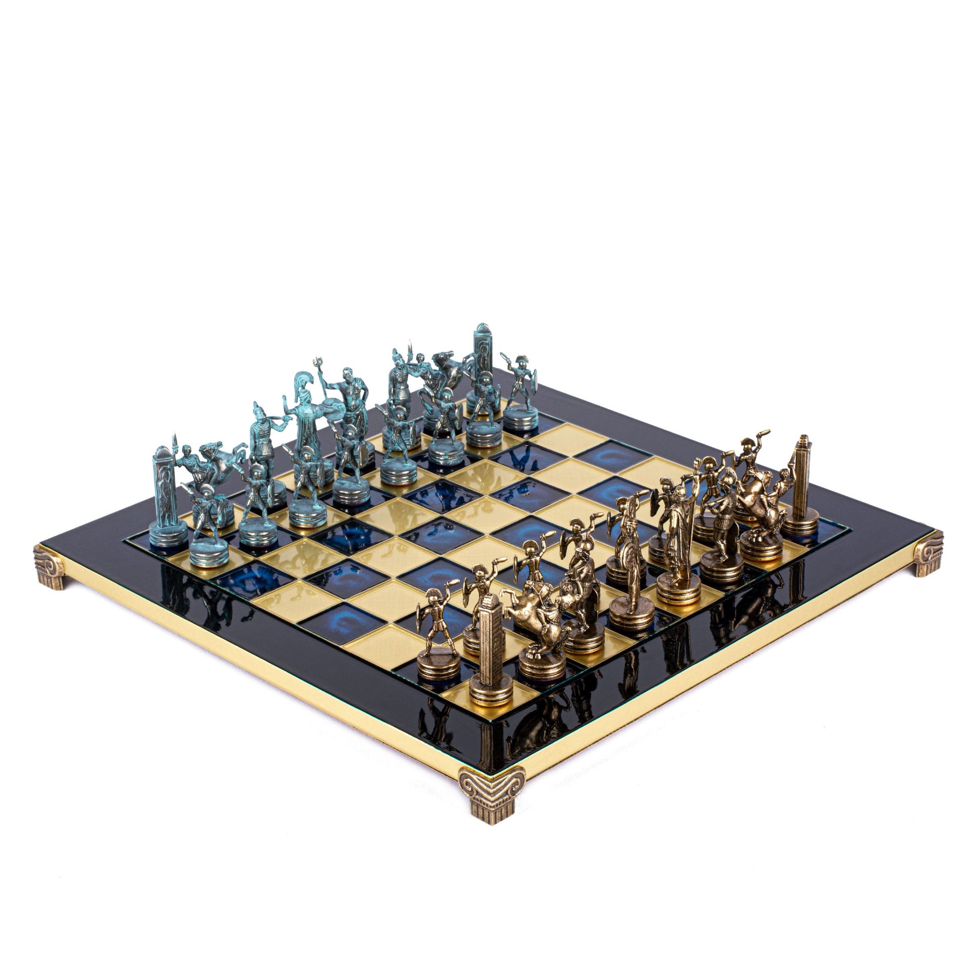 GREEK MYTHOLOGY CHESS SET with blue/brown chessmen and bronze chessboard 36 x 36cm (Medium) - Premium Chess from MANOPOULOS Chess & Backgammon - Just €210! Shop now at MANOPOULOS Chess & Backgammon