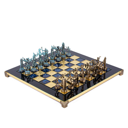 GREEK MYTHOLOGY CHESS SET with blue/brown chessmen and bronze chessboard 36 x 36cm (Medium) - Premium Chess from MANOPOULOS Chess & Backgammon - Just €210! Shop now at MANOPOULOS Chess & Backgammon