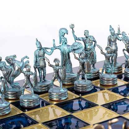 GREEK MYTHOLOGY CHESS SET with blue/brown chessmen and bronze chessboard 36 x 36cm (Medium) - Premium Chess from MANOPOULOS Chess & Backgammon - Just €210! Shop now at MANOPOULOS Chess & Backgammon