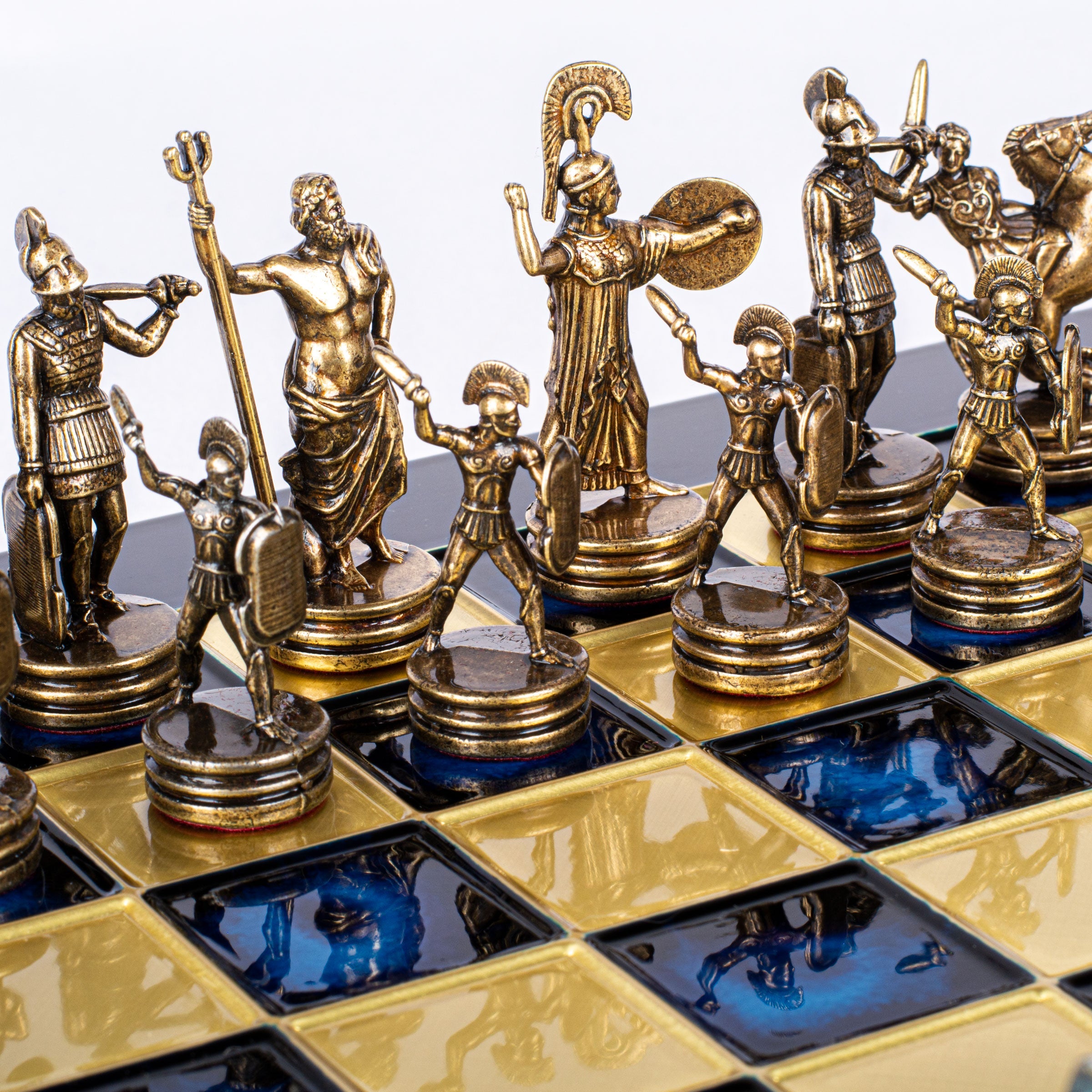 GREEK MYTHOLOGY CHESS SET with blue/brown chessmen and bronze chessboard 36 x 36cm (Medium) - Premium Chess from MANOPOULOS Chess & Backgammon - Just €210! Shop now at MANOPOULOS Chess & Backgammon