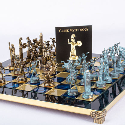 GREEK MYTHOLOGY CHESS SET with blue/brown chessmen and bronze chessboard 36 x 36cm (Medium) - Premium Chess from MANOPOULOS Chess & Backgammon - Just €210! Shop now at MANOPOULOS Chess & Backgammon