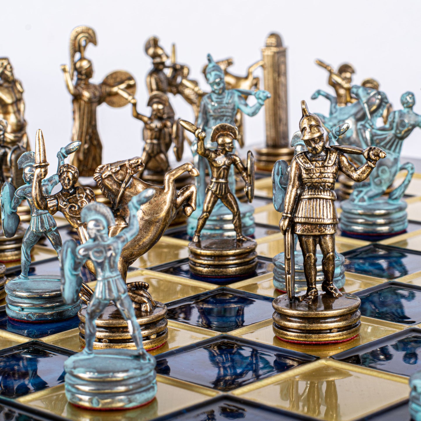 GREEK MYTHOLOGY CHESS SET with blue/brown chessmen and bronze chessboard 36 x 36cm (Medium) - Premium Chess from MANOPOULOS Chess & Backgammon - Just €210! Shop now at MANOPOULOS Chess & Backgammon