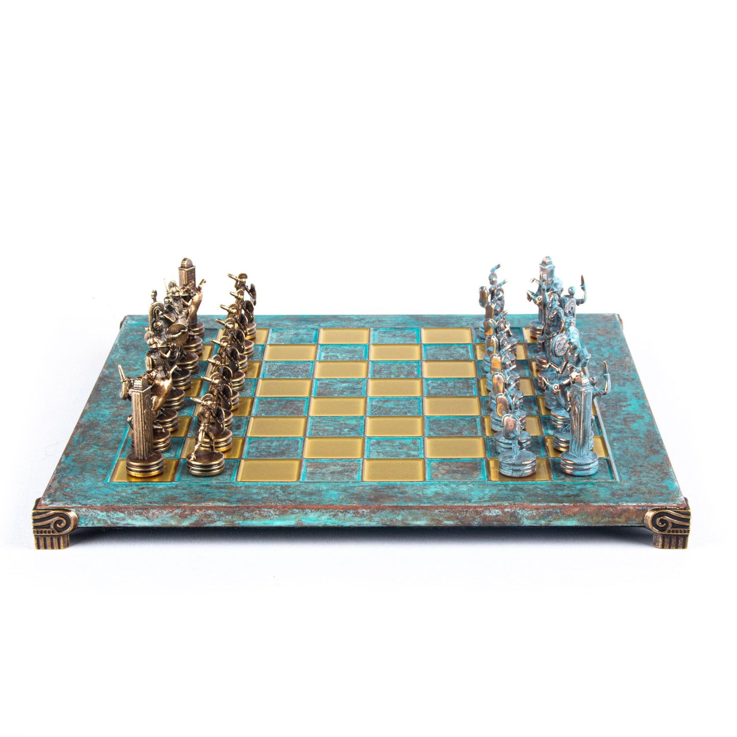 GREEK MYTHOLOGY CHESS SET with blue/brown chessmen and bronze chessboard 36 x 36cm (Medium) - Premium Chess from MANOPOULOS Chess & Backgammon - Just €210! Shop now at MANOPOULOS Chess & Backgammon