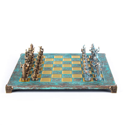 GREEK MYTHOLOGY CHESS SET with blue/brown chessmen and bronze chessboard 36 x 36cm (Medium) - Premium Chess from MANOPOULOS Chess & Backgammon - Just €210! Shop now at MANOPOULOS Chess & Backgammon