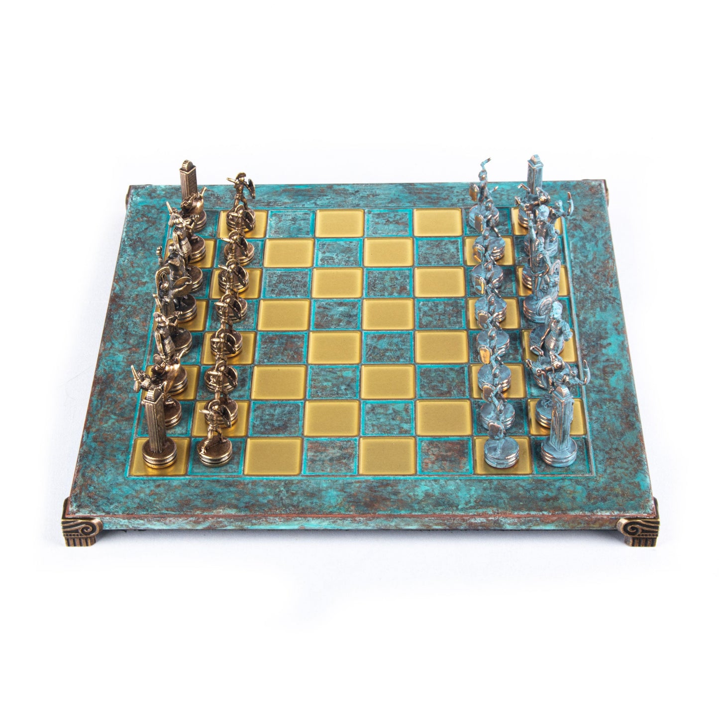 GREEK MYTHOLOGY CHESS SET with blue/brown chessmen and bronze chessboard 36 x 36cm (Medium) - Premium Chess from MANOPOULOS Chess & Backgammon - Just €210! Shop now at MANOPOULOS Chess & Backgammon