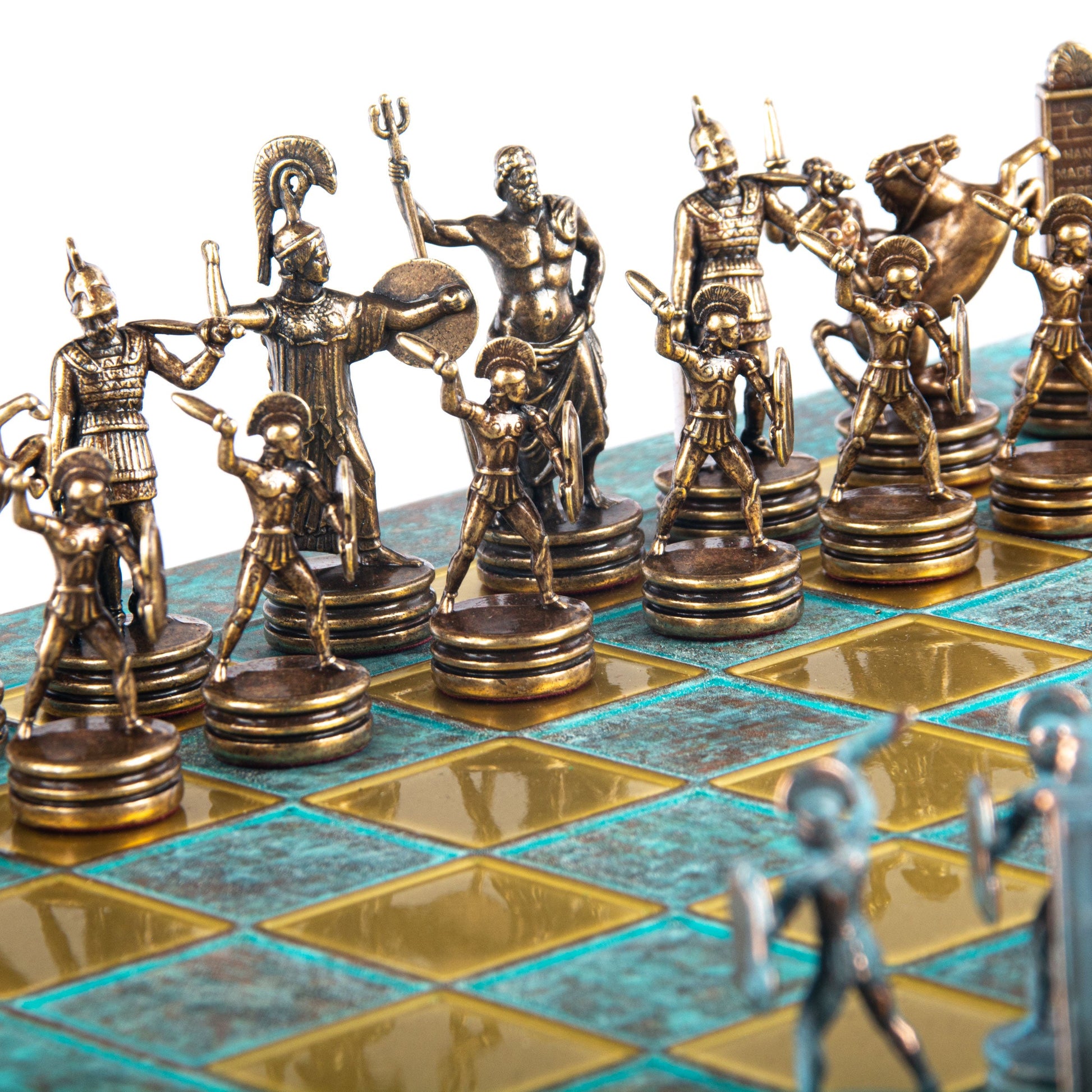 GREEK MYTHOLOGY CHESS SET with blue/brown chessmen and bronze chessboard 36 x 36cm (Medium) - Premium Chess from MANOPOULOS Chess & Backgammon - Just €210! Shop now at MANOPOULOS Chess & Backgammon