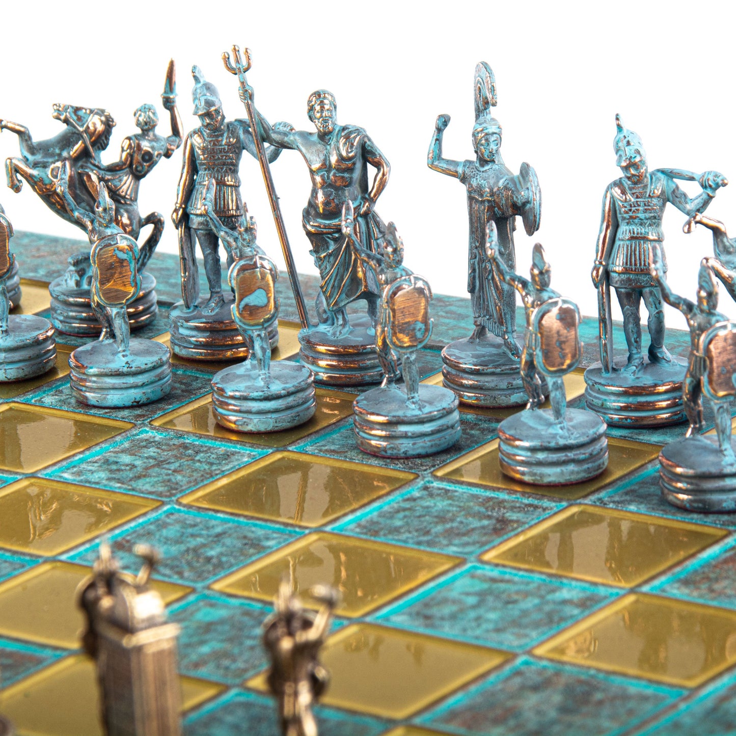 GREEK MYTHOLOGY CHESS SET with blue/brown chessmen and bronze chessboard 36 x 36cm (Medium) - Premium Chess from MANOPOULOS Chess & Backgammon - Just €210! Shop now at MANOPOULOS Chess & Backgammon