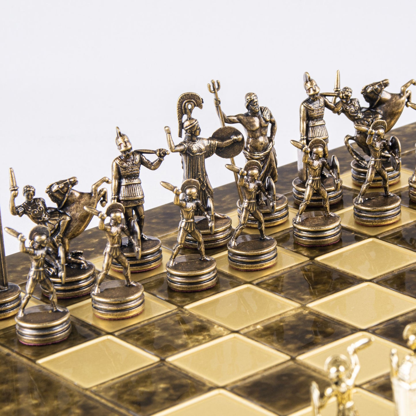 GREEK MYTHOLOGY CHESS SET with gold/brown chessmen and bronze chessboard 36 x 36cm (Medium) - Premium Chess from MANOPOULOS Chess & Backgammon - Just €210! Shop now at MANOPOULOS Chess & Backgammon