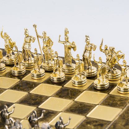 GREEK MYTHOLOGY CHESS SET with gold/brown chessmen and bronze chessboard 36 x 36cm (Medium) - Premium Chess from MANOPOULOS Chess & Backgammon - Just €210! Shop now at MANOPOULOS Chess & Backgammon