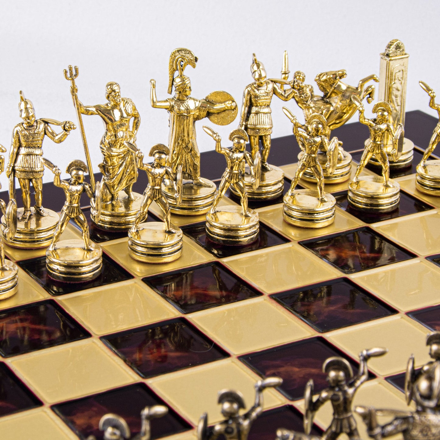 GREEK MYTHOLOGY CHESS SET with gold/brown chessmen and bronze chessboard 36 x 36cm (Medium) - Premium Chess from MANOPOULOS Chess & Backgammon - Just €210! Shop now at MANOPOULOS Chess & Backgammon