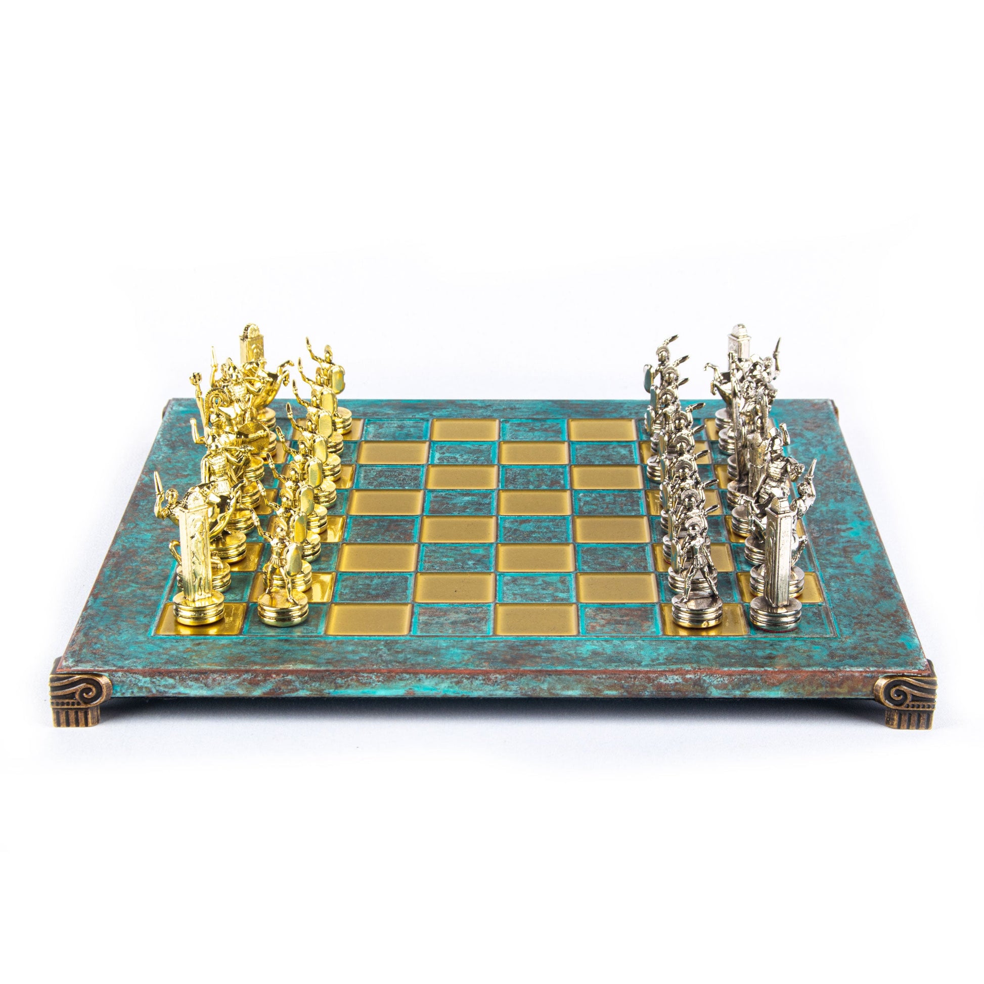 Handcrafted Greek Mythology Chess Set - Gold & Silver Chessmen with Bronze Board (Medium) BLU - Premium Chess from MANOPOULOS Chess & Backgammon - Just €210! Shop now at MANOPOULOS Chess & Backgammon