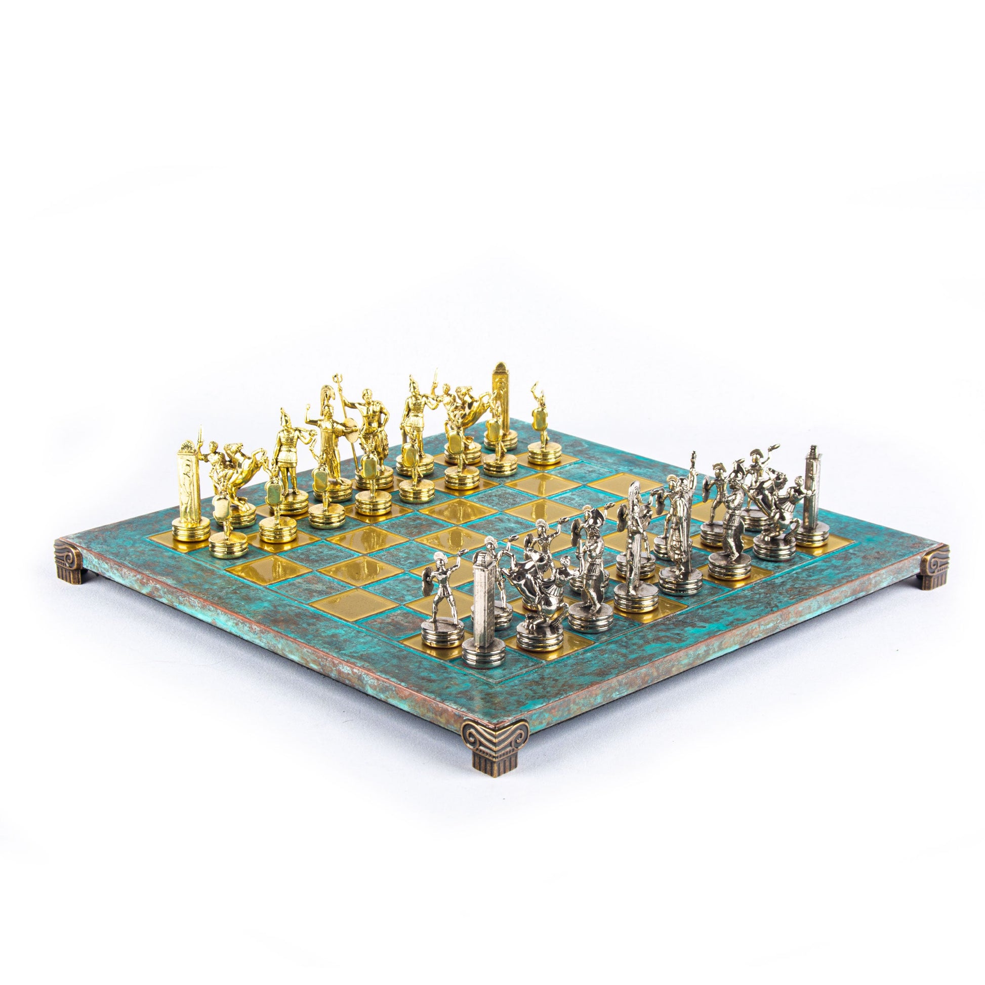 Handcrafted Greek Mythology Chess Set - Gold & Silver Chessmen with Bronze Board (Medium) BLU - Premium Chess from MANOPOULOS Chess & Backgammon - Just €210! Shop now at MANOPOULOS Chess & Backgammon