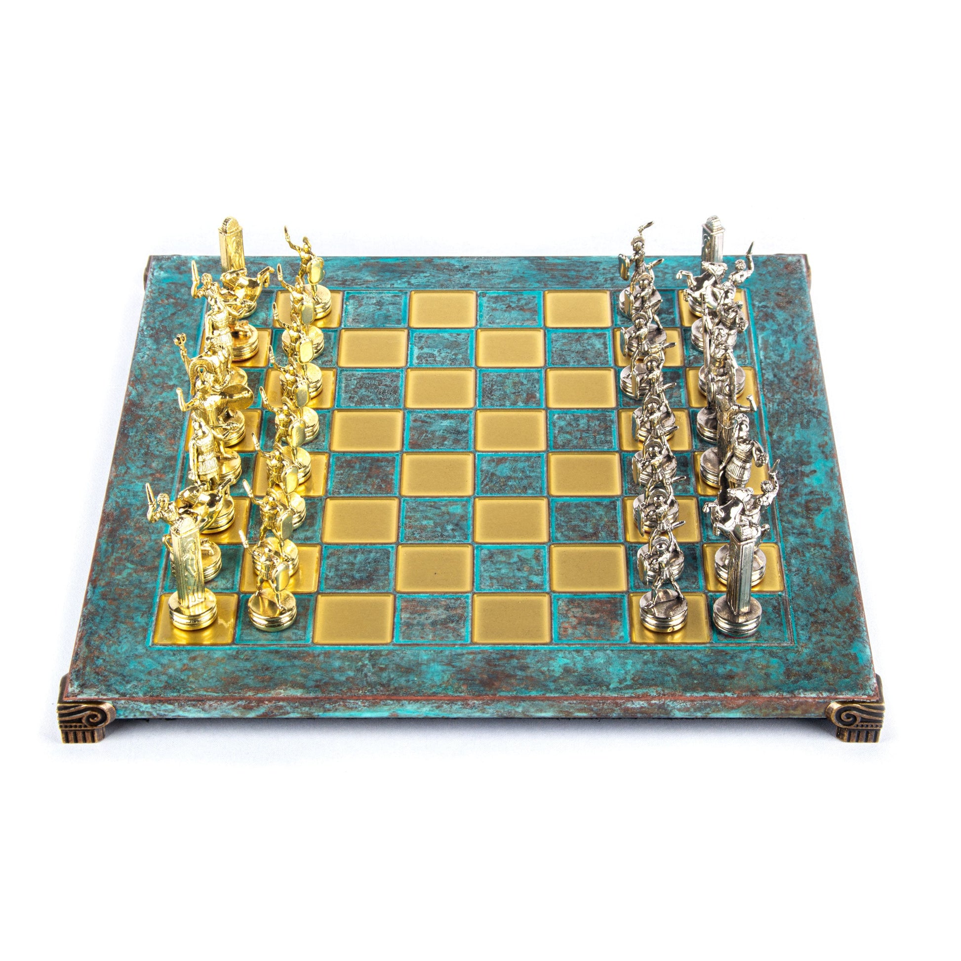 Handcrafted Greek Mythology Chess Set - Gold & Silver Chessmen with Bronze Board (Medium) BLU - Premium Chess from MANOPOULOS Chess & Backgammon - Just €210! Shop now at MANOPOULOS Chess & Backgammon