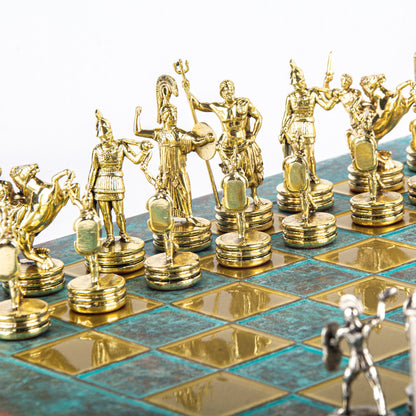 Handcrafted Greek Mythology Chess Set - Gold & Silver Chessmen with Bronze Board (Medium) BLU - Premium Chess from MANOPOULOS Chess & Backgammon - Just €210! Shop now at MANOPOULOS Chess & Backgammon