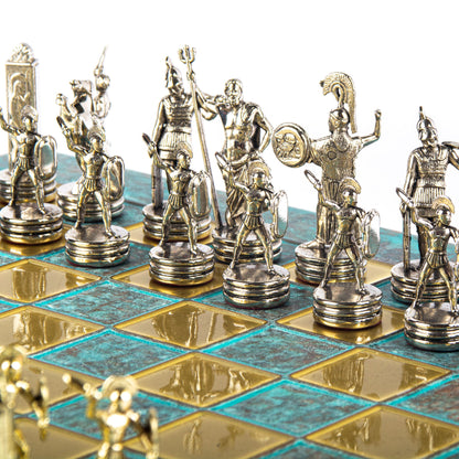 Handcrafted Greek Mythology Chess Set - Gold & Silver Chessmen with Bronze Board (Medium) BLU - Premium Chess from MANOPOULOS Chess & Backgammon - Just €210! Shop now at MANOPOULOS Chess & Backgammon