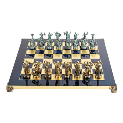 Handcrafted Labours of Hercules Chess Set - Blue & Brass Chessmen with Bronze Board (Medium)