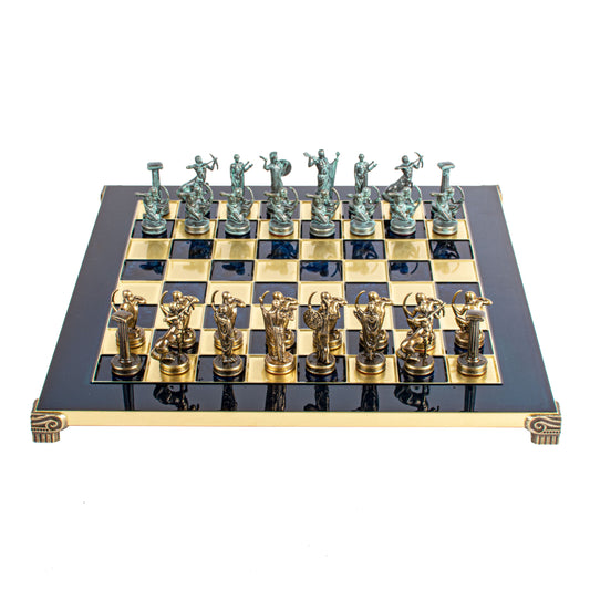 Handcrafted Labours of Hercules Chess Set - Blue & Brass Chessmen with Bronze Board (Medium)