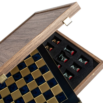 Handcrafted Labours of Hercules Chess Set - Blue & Brass Chessmen with Bronze Board (Medium)