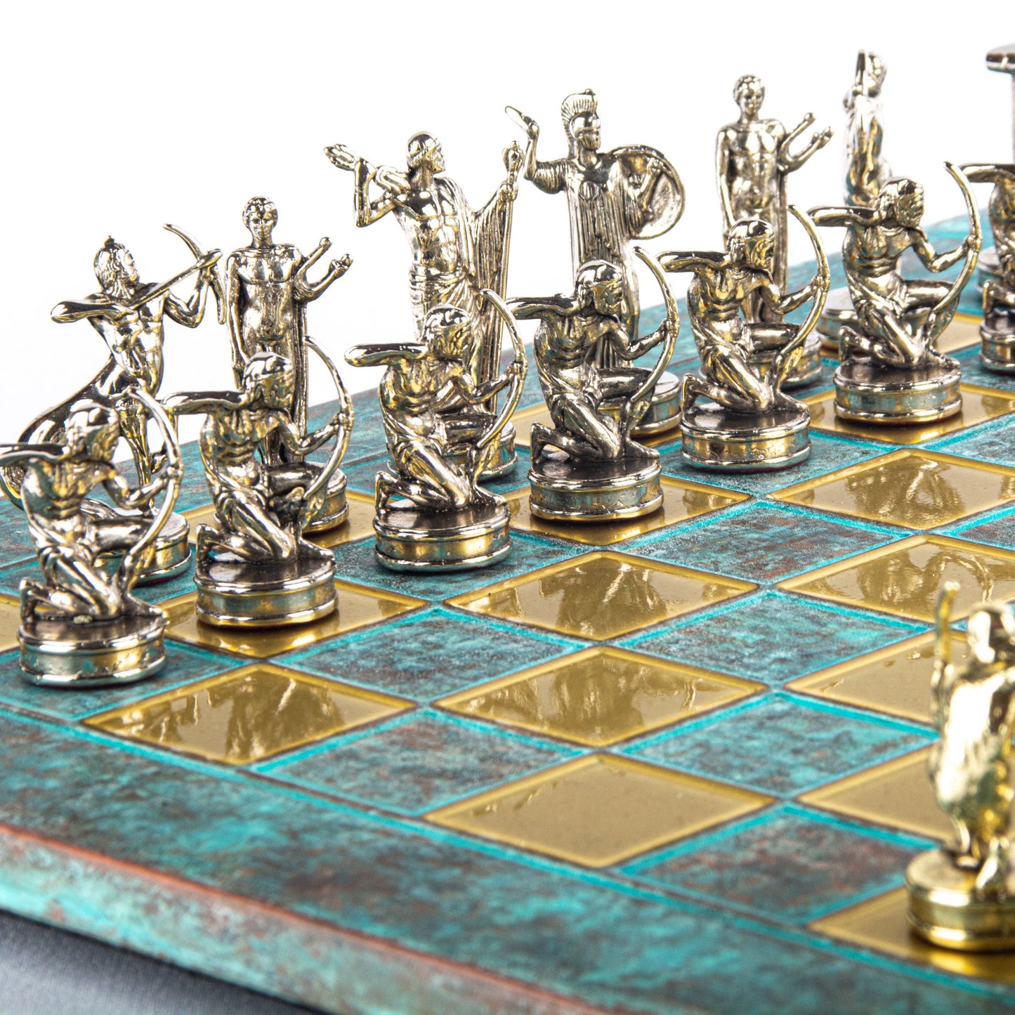 LABOURS OF HERCULES CHESS SET with gold/silver chessmen and bronze chessboard 36 x 36cm (Medium) - Premium Chess from MANOPOULOS Chess & Backgammon - Just €210! Shop now at MANOPOULOS Chess & Backgammon