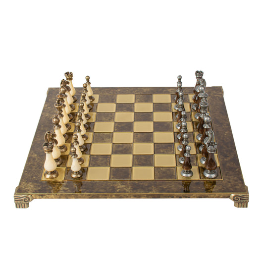 Handcrafted Chess Set, 44x44cm Brass and Pewter finish Chessmen with Brown & Ivory Prearl Elements (Large)
