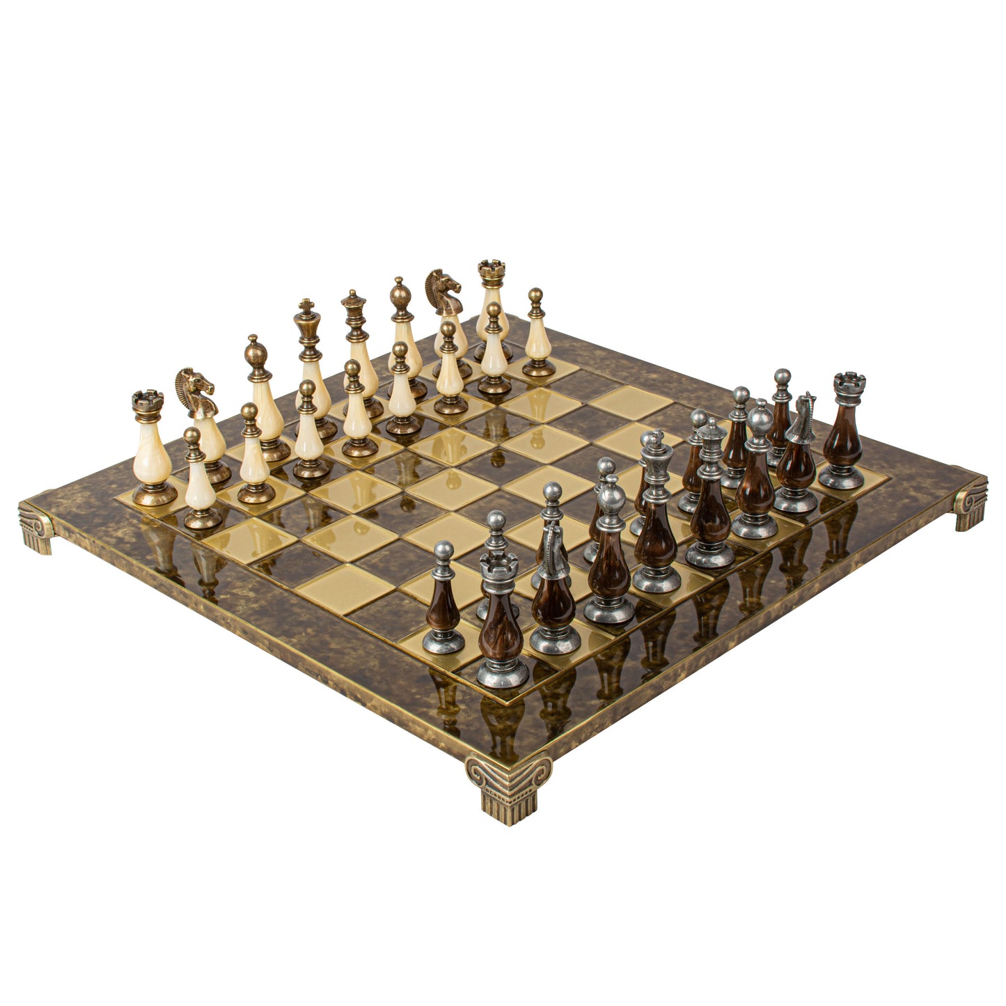 Handcrafted Chess Set, 44x44cm Brass and Pewter finish Chessmen with Brown & Ivory Prearl Elements (Large)