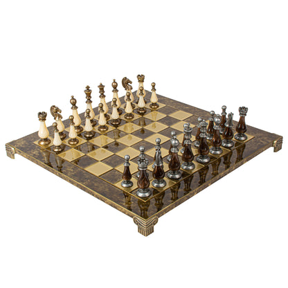Handcrafted Chess Set, 44x44cm Brass and Pewter finish Chessmen with Brown & Ivory Prearl Elements (Large)